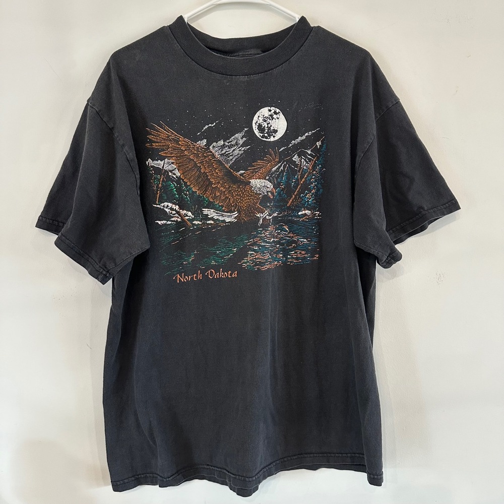 Vintage North Dakota Bald Eagle Graphic T-Shirt Black Nature Outdoors Tee L